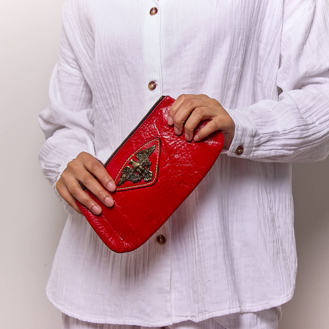 Vintage 1970s Red Leather Clutch with Antique Brass Eagle
