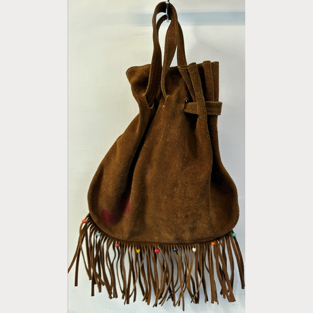 Vintage 1980's Suede Bucket Bag With Fringe