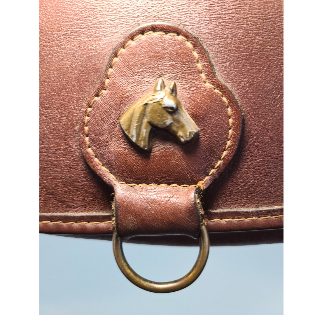 Vintage Leather Shoulder Bag With Horse Emblem