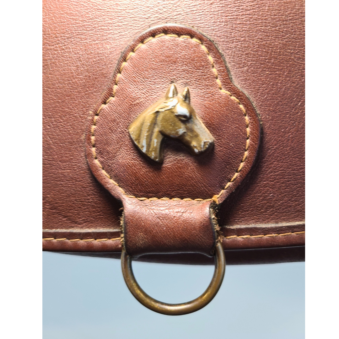 Vintage 1960s Leather Bag With Antique Brass Horse