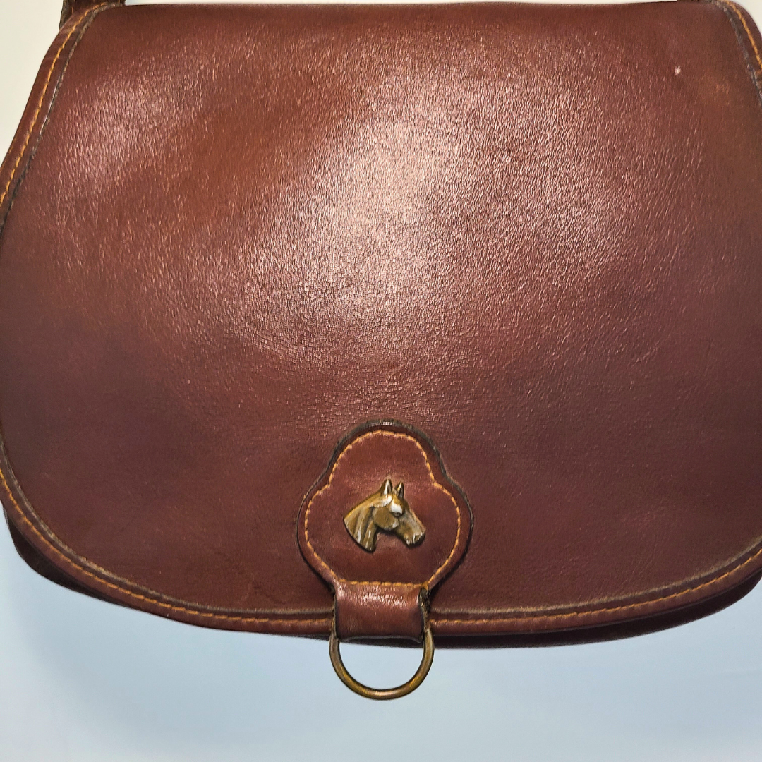 Vintage Leather Shoulder Bag With Horse Emblem
