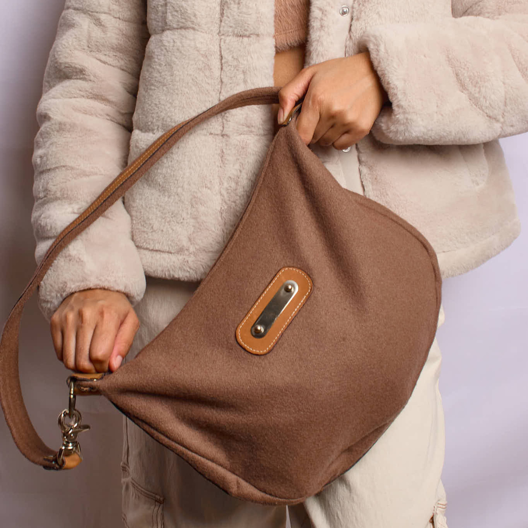 Vintage 1980s Mocha Wool Slouch Crossbody Bag
