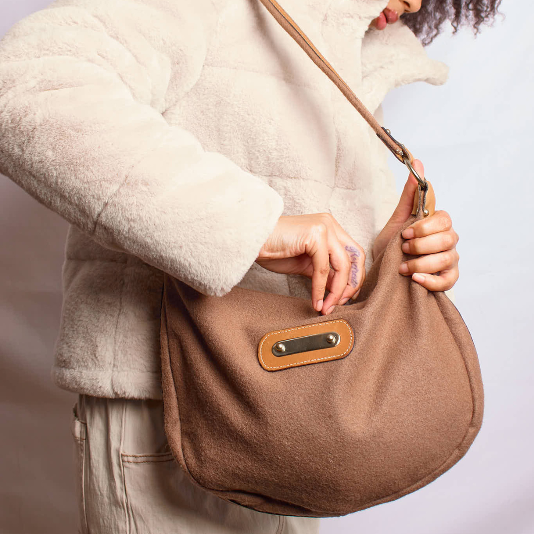 Vintage 1980s Mocha Wool Slouch Crossbody Bag