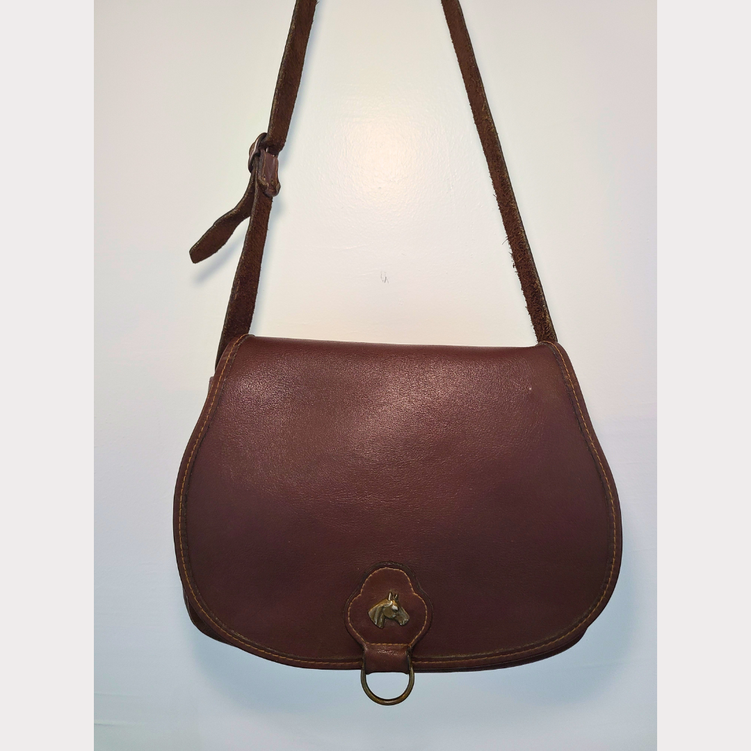 Vintage Leather Shoulder Bag With Horse Emblem