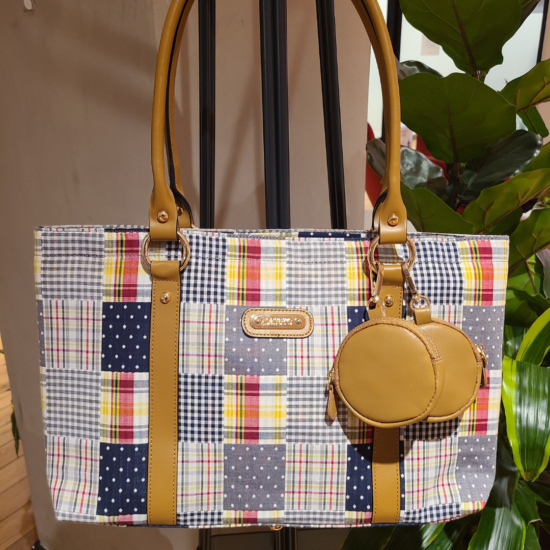 Large Tote - Navy Plaid Patchwork