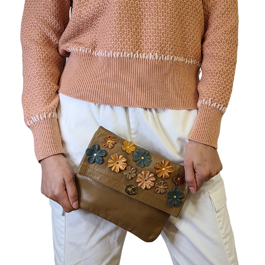 Vintage 1960s Leather Clutch with Italian Flowers Re-Crafted