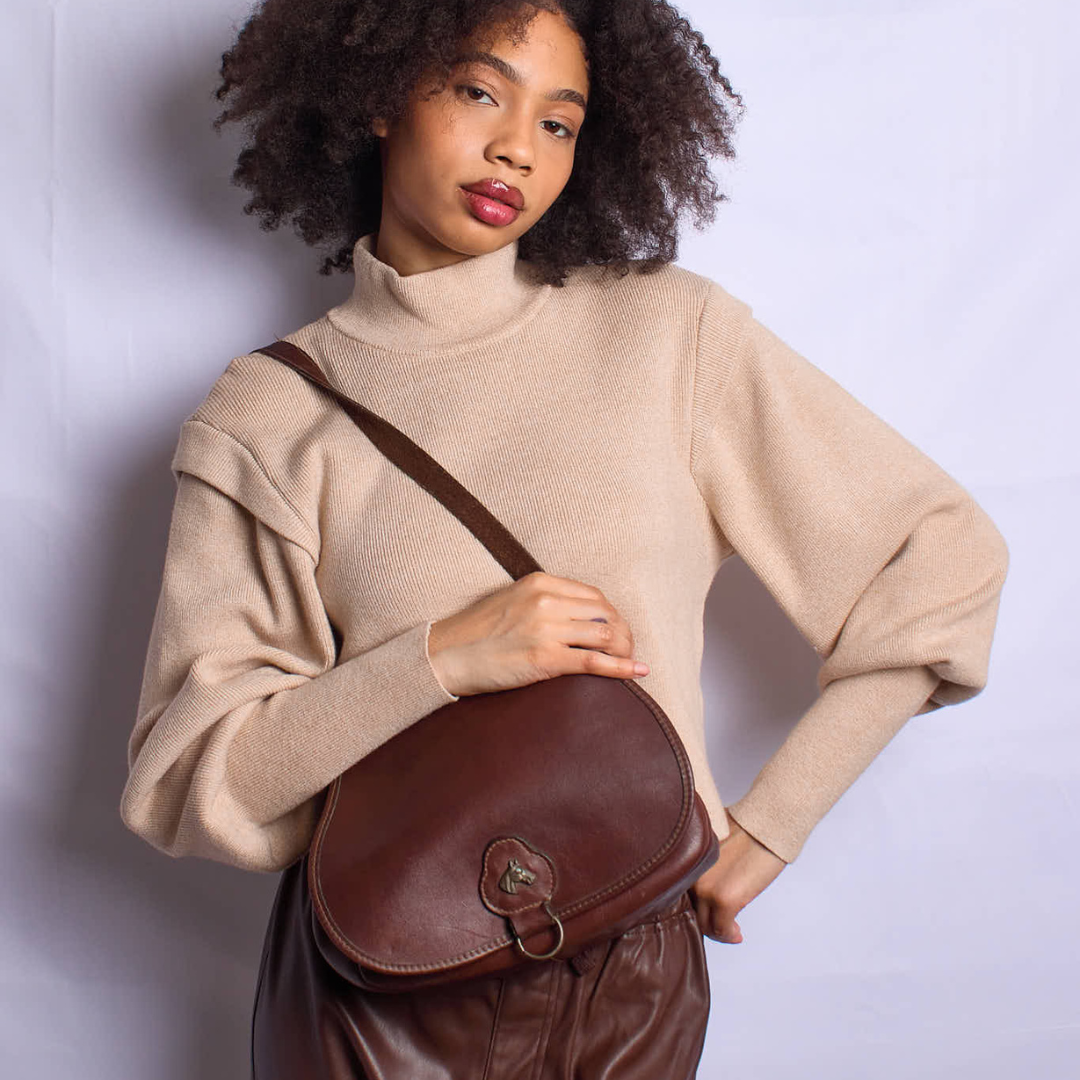 Vintage 1960s Leather Bag With Antique Brass Horse