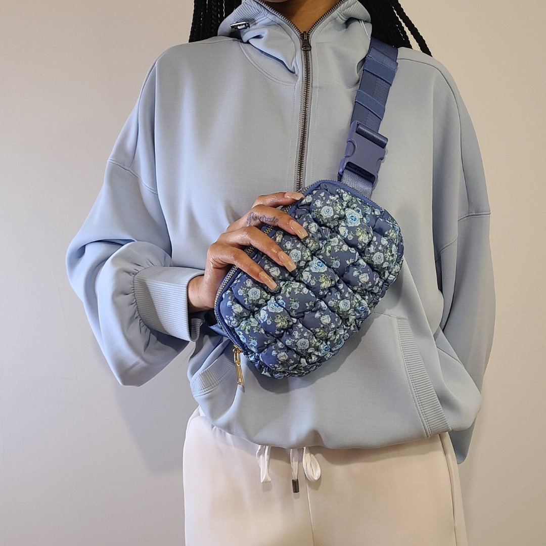 Quilted Puffer Crossbody Bag - Blue Floral