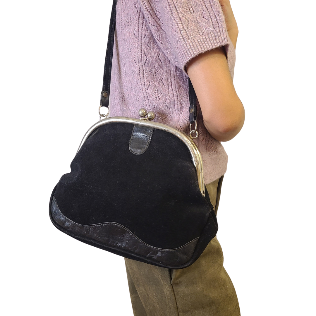 Vintage 1960s Oversized Suede Kiss Lock Frame Bag