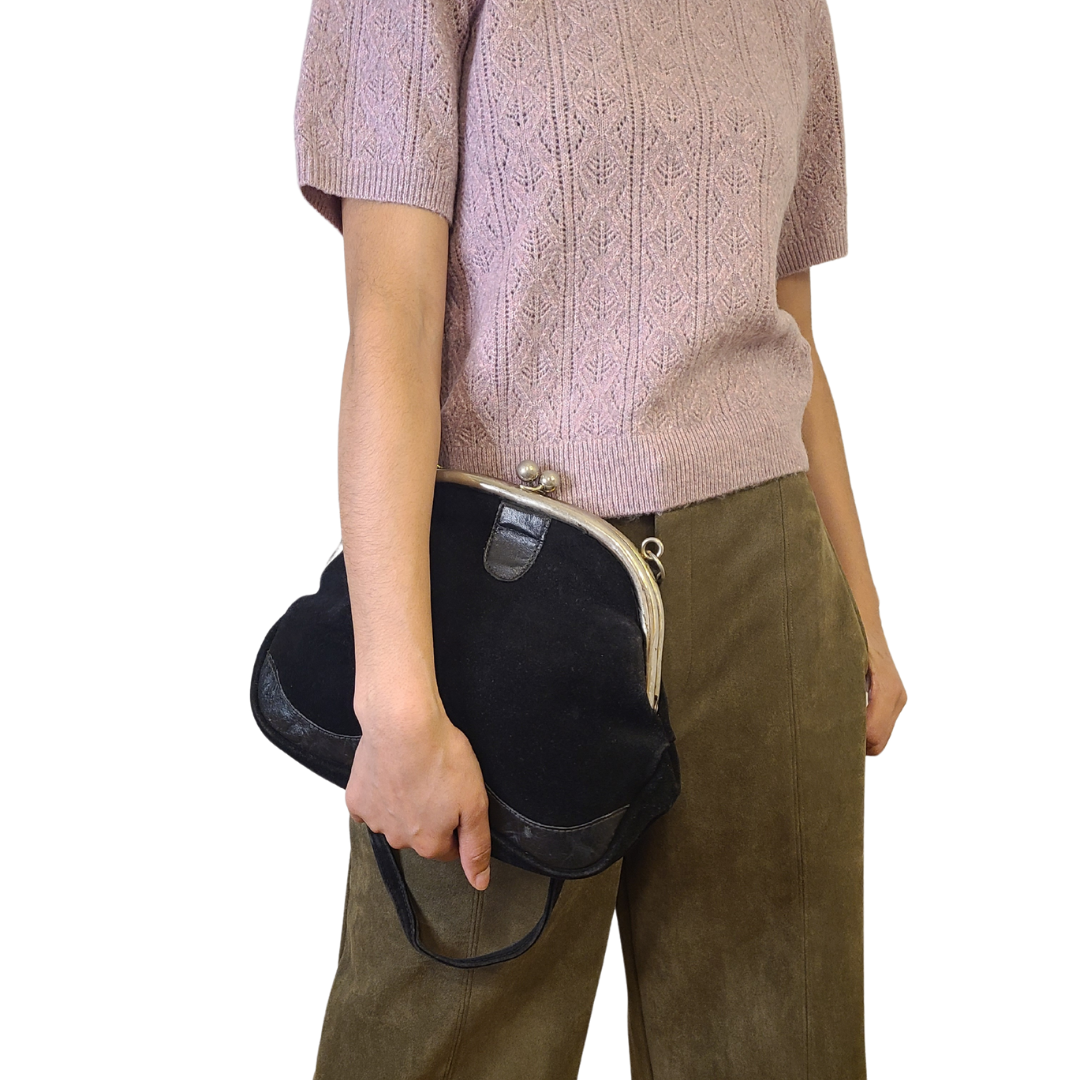 Vintage 1960s Oversized Suede Kiss Lock Frame Bag