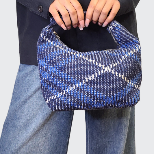 Blue Navy and White Sweater Knit Handbag