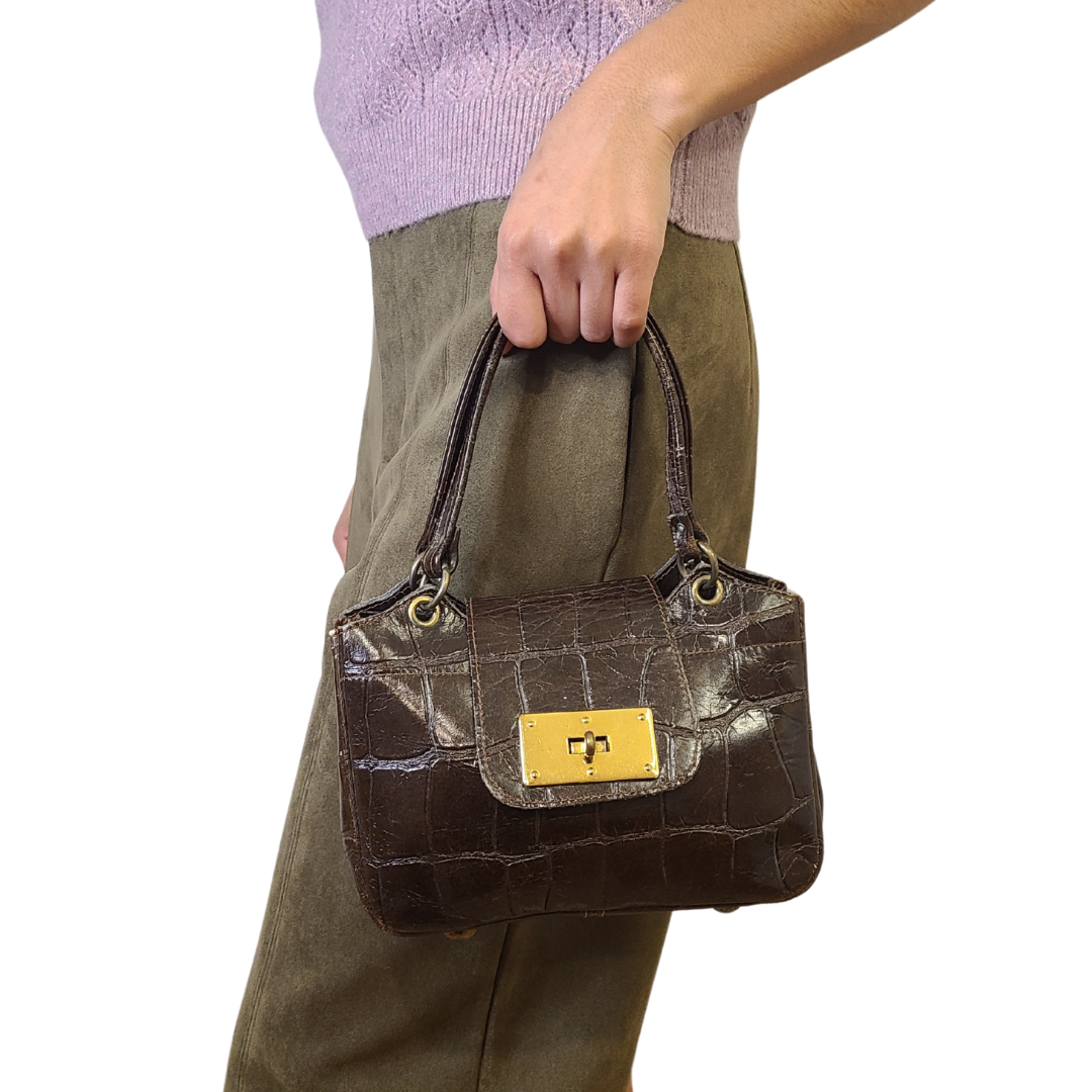 Vintage 1960s Brown Leather Mock Crocodile Embossed Bag
