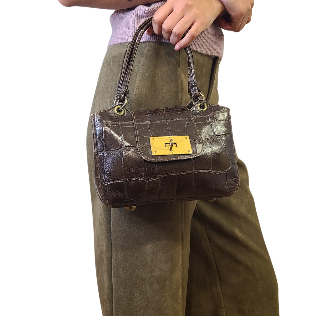 Vintage 1960s Brown Leather Mock Crocodile Embossed Bag