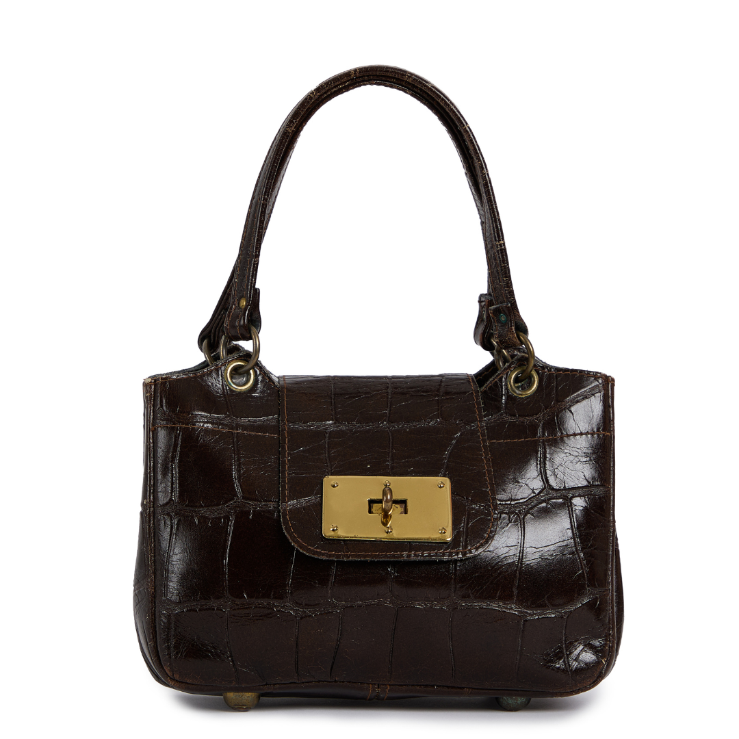 Vintage 1960s Brown Leather Mock Crocodile Embossed Bag