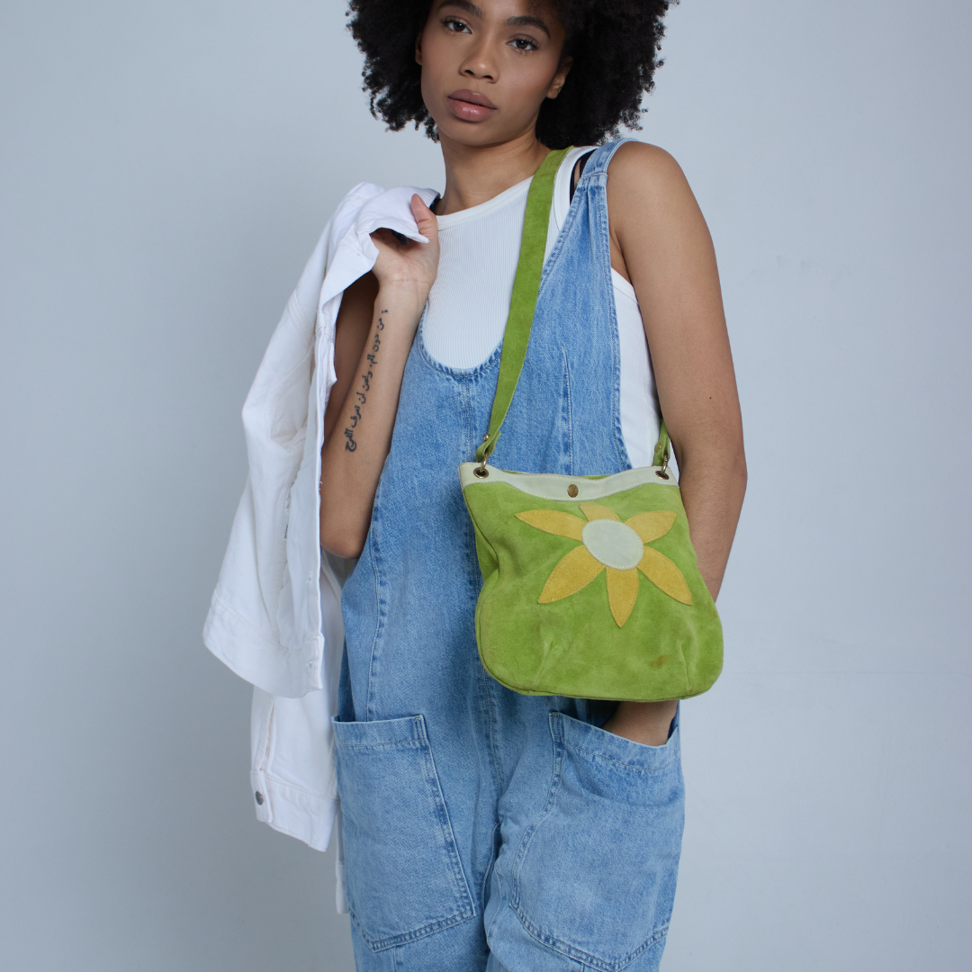 Vintage 1970s Lime Suede Daisy Bag