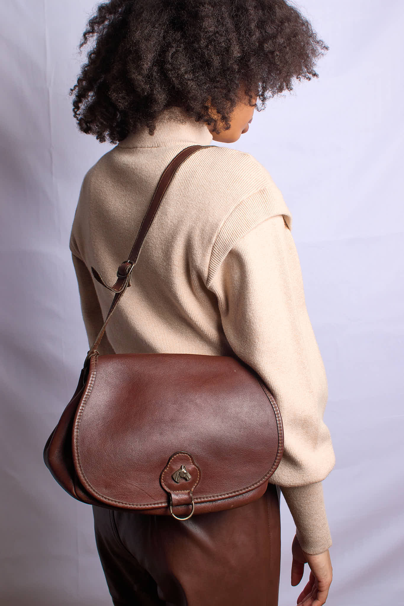 Vintage 1960s Leather Bag With Antique Brass Horse