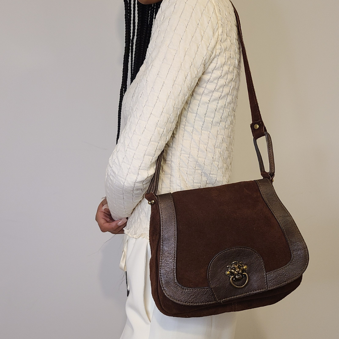 Vintage 1970s Suede Shoulder Bag with Lion Door Knocker
