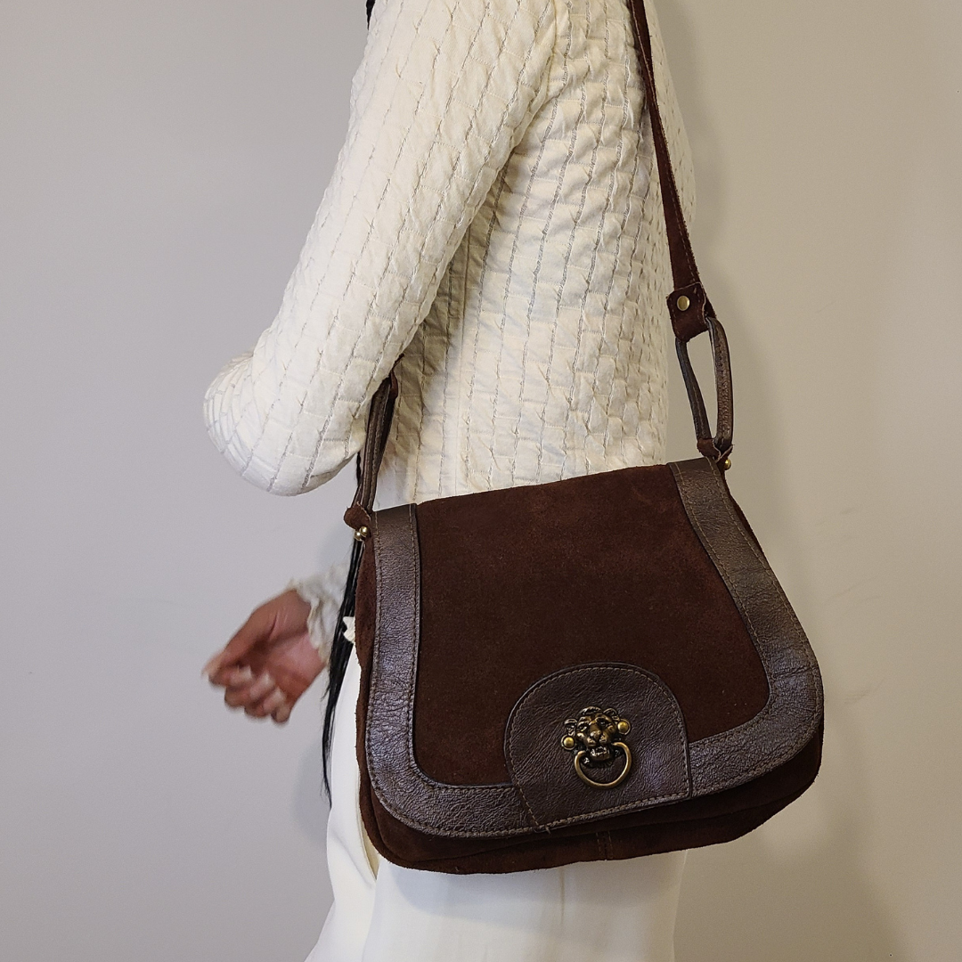 Vintage 1970s Suede Shoulder Bag with Lion Door Knocker