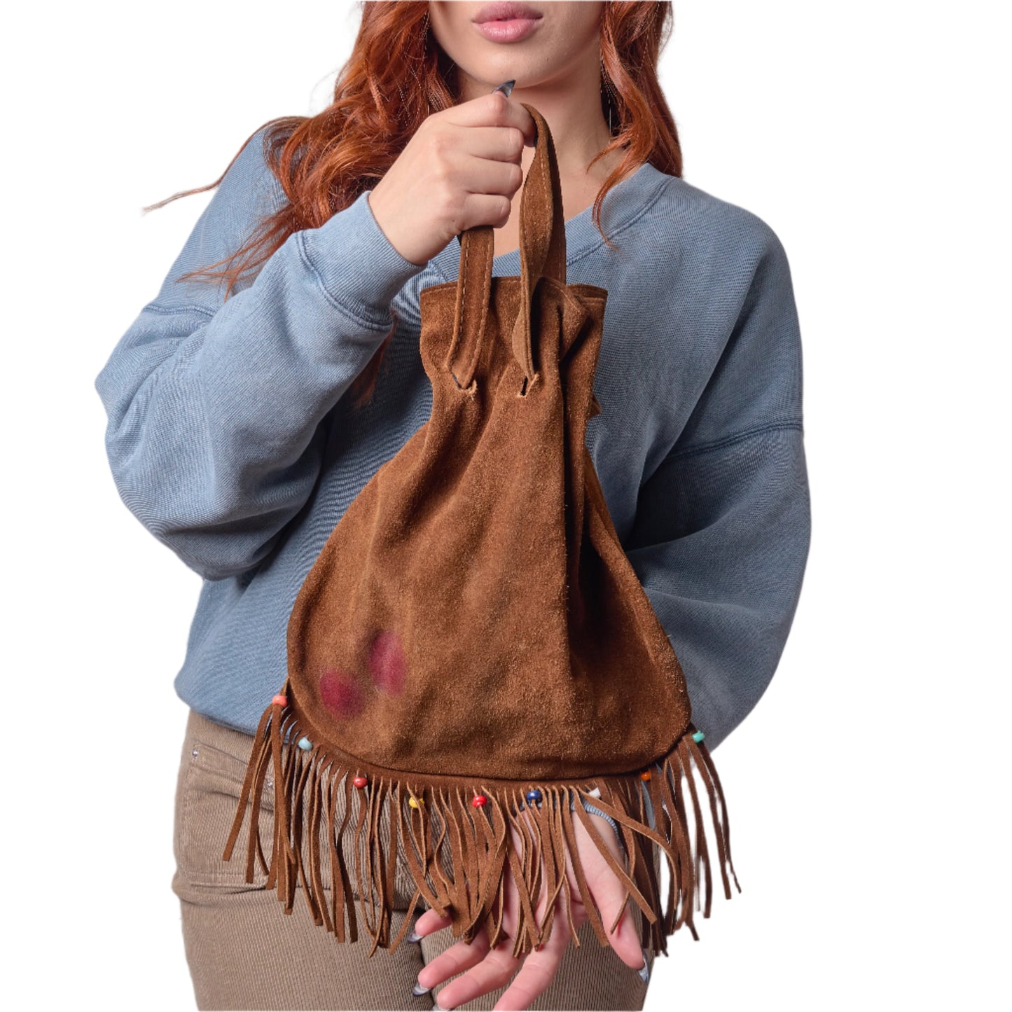Vintage 1980s Suede Bucket Bag With Fringe
