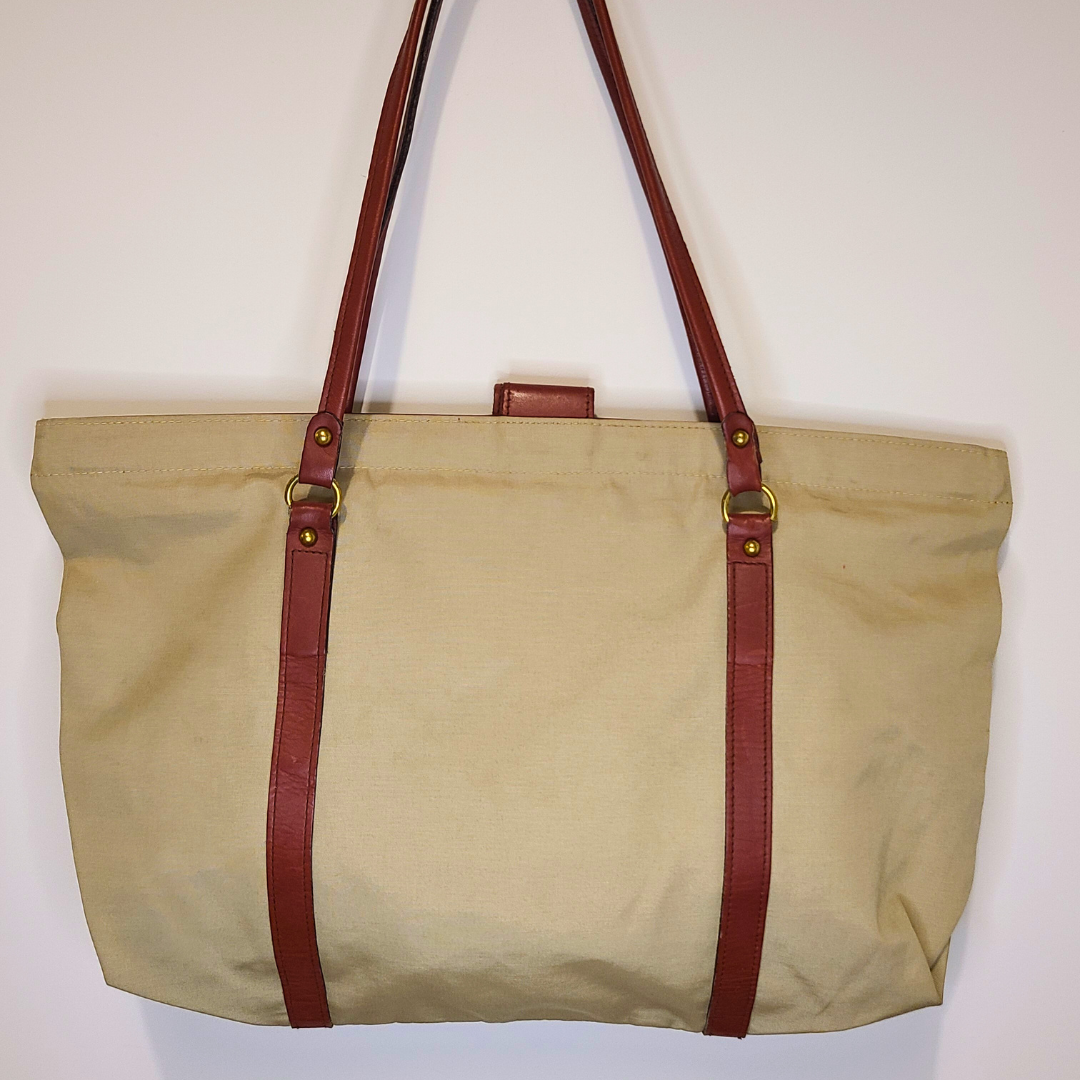 Vintage 1970s Khaki Tote with Mahogany Leather Trim