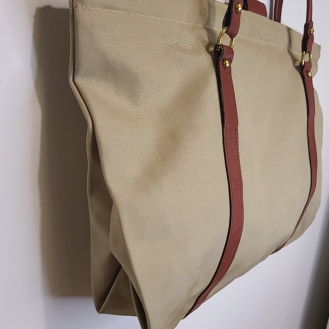 Vintage 1970s Khaki Tote with Mahogany Leather Trim