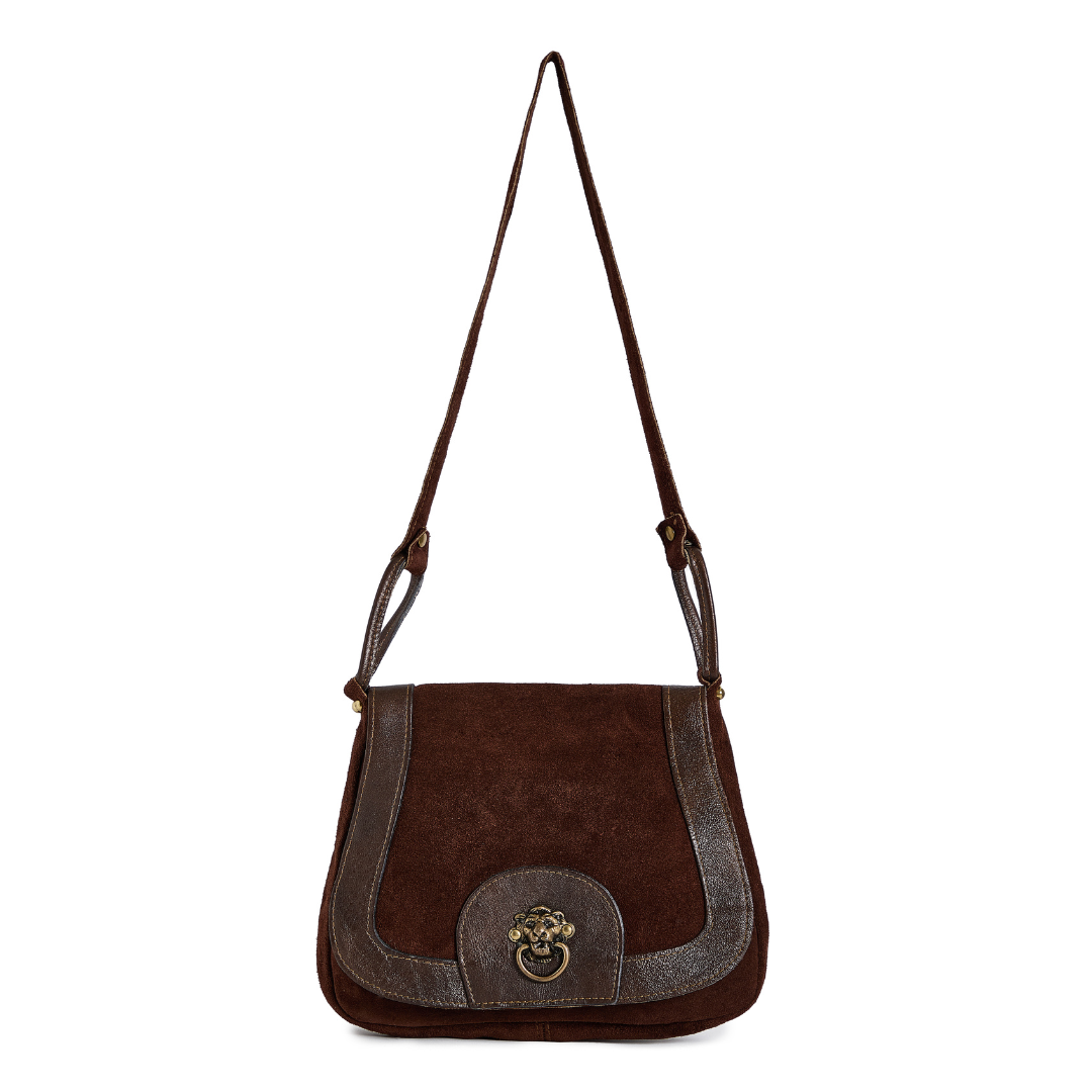 Vintage 1970s Suede Shoulder Bag with Lion Door Knocker