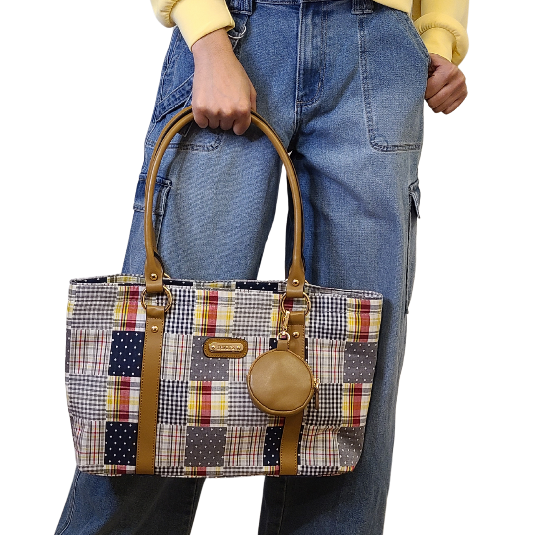 Large Tote - Navy Plaid Patchwork
