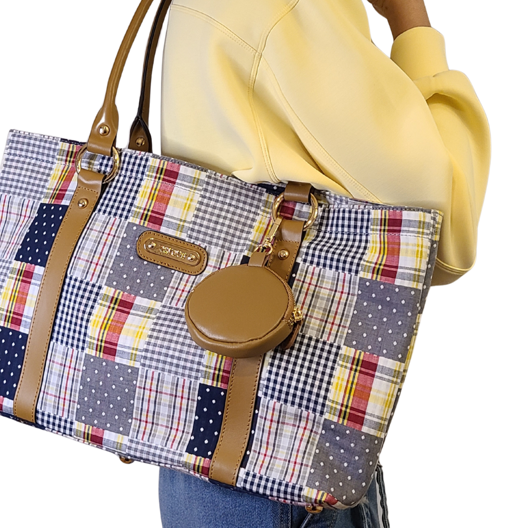 Large Tote - Navy Plaid Patchwork