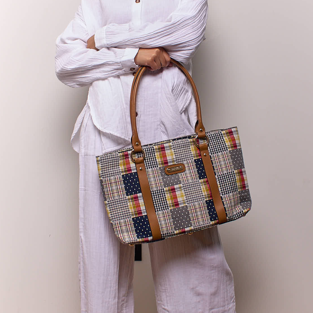 Large Tote - Navy Plaid Patchwork