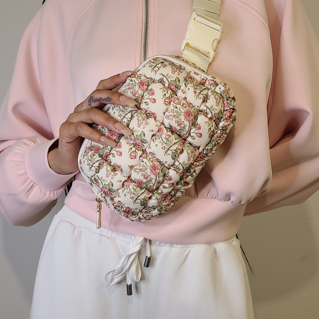 Quilted Puffer Crossbody Bag - Pink Floral