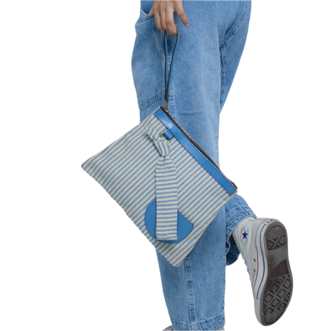 Vintage 1960s Blue and White Ticking Stripe Clutch