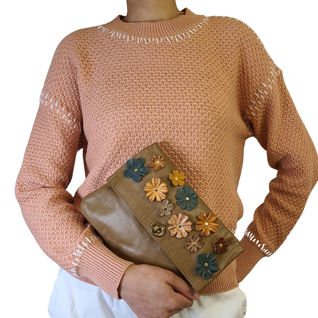 Vintage 1960s Leather Clutch with Italian Flowers Re-Crafted