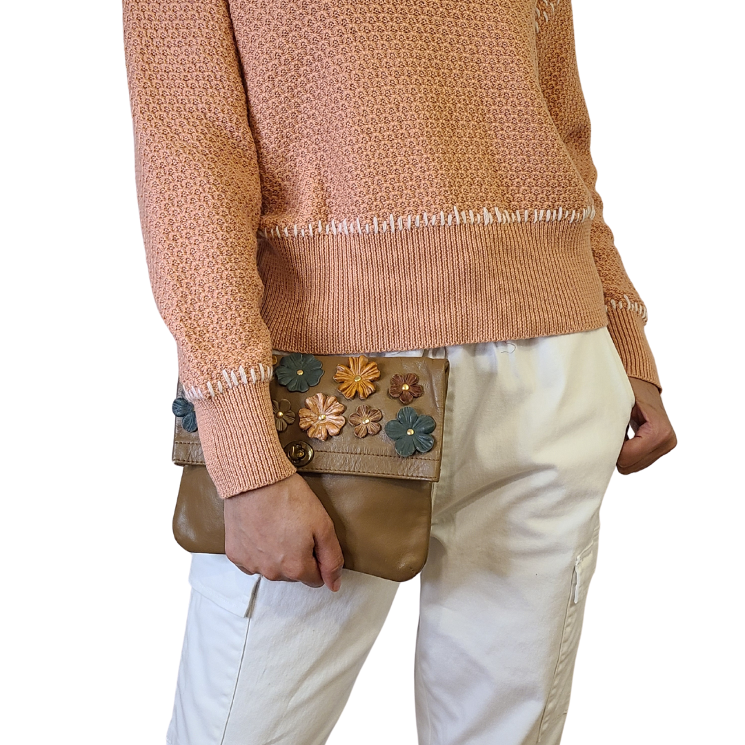 Vintage 1960s Leather Clutch with Italian Flowers Re-Crafted