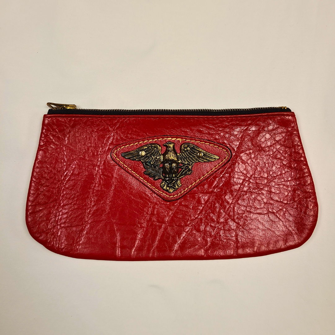 Vintage 1970s Red Leather Clutch with Antique Brass Eagle