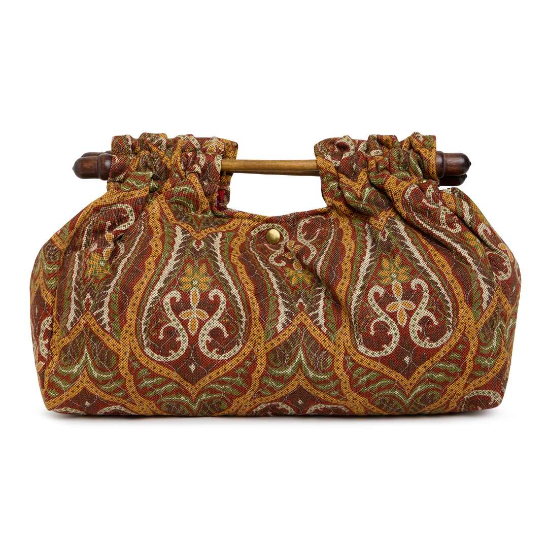 Vintage 1960s Quilted Printed Cotton Canvas Wooden Handle Bag