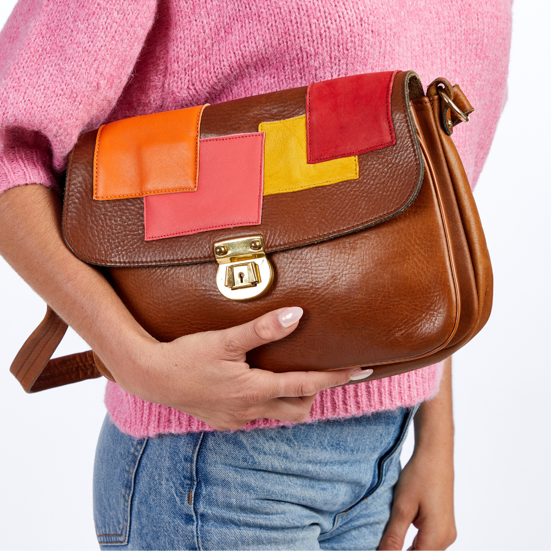 Vintage 1970s Color-Blocked Patchwork Leather Shoulder Bag Re-Imagined