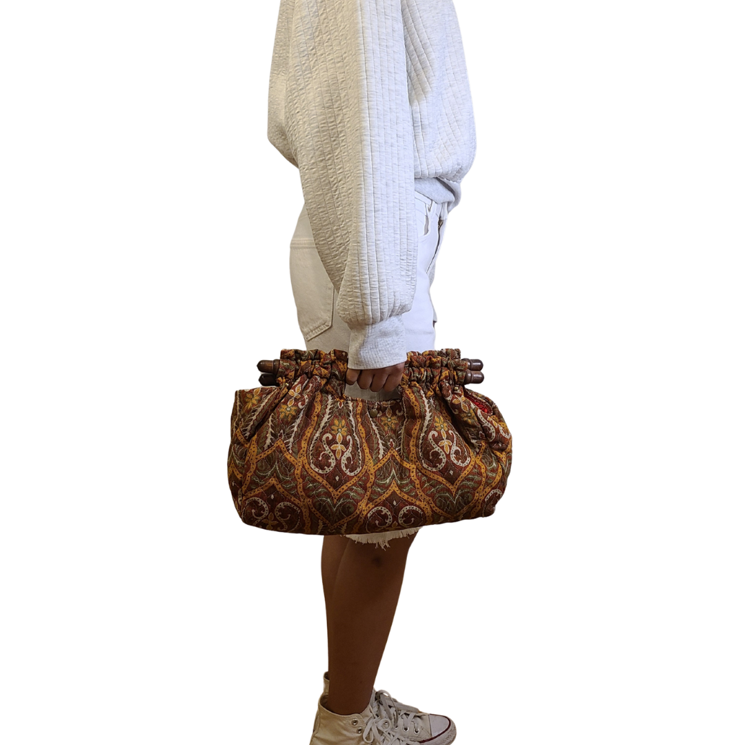 Vintage 1960s Quilted Printed Cotton Canvas Wooden Handle Bag