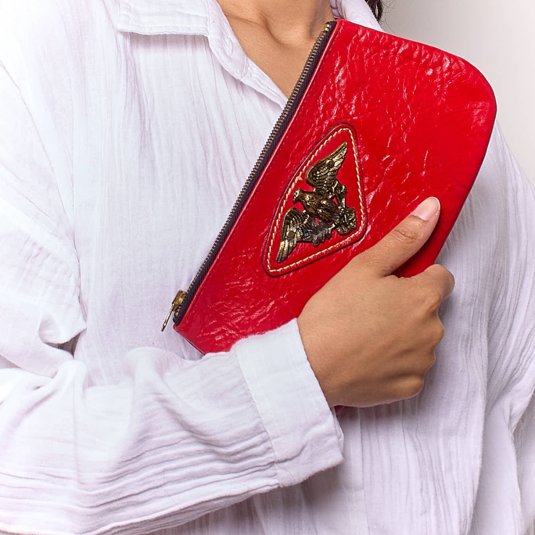 Vintage 1970s Red Leather Clutch with Antique Brass Eagle