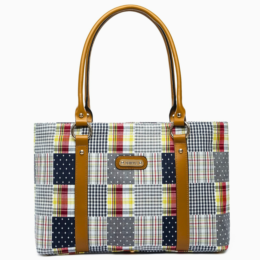 Large Tote - Navy Plaid Patchwork