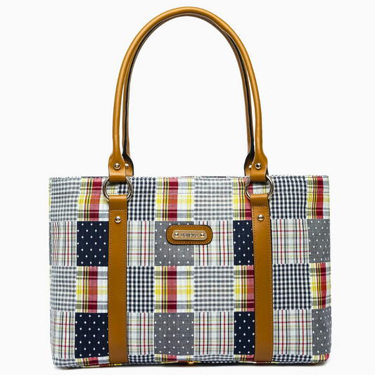 Large Tote - Navy Plaid Patchwork