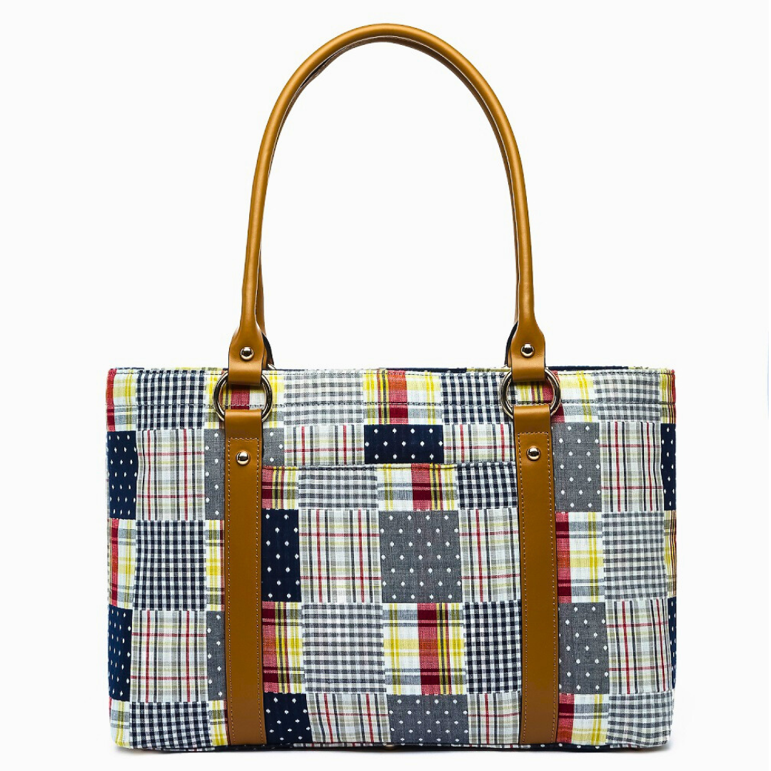 Large Tote - Navy Plaid Patchwork