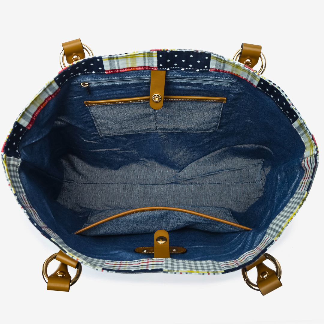 Large Tote - Navy Plaid Patchwork