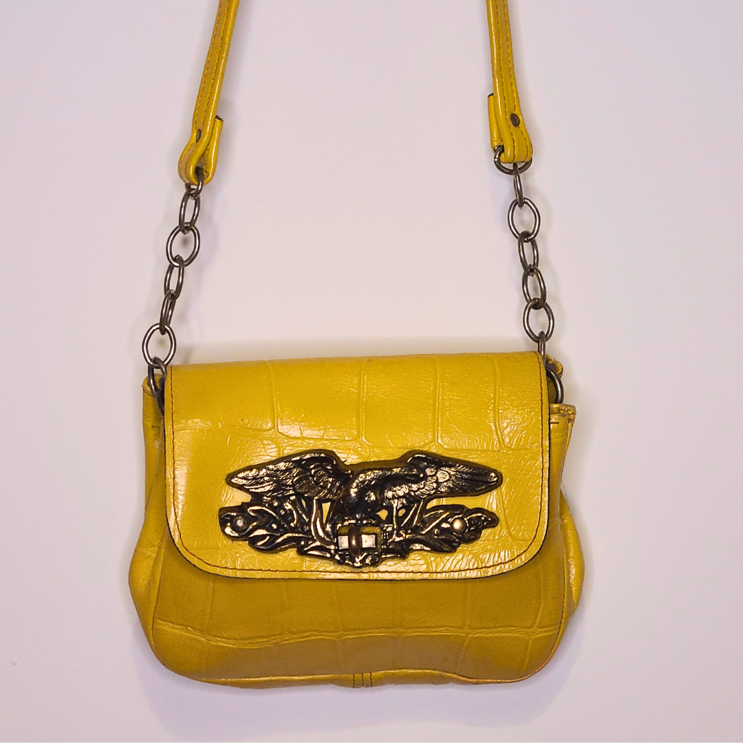 Vintage 1970s Yellow Leather Bag With Antique Brass Eagle