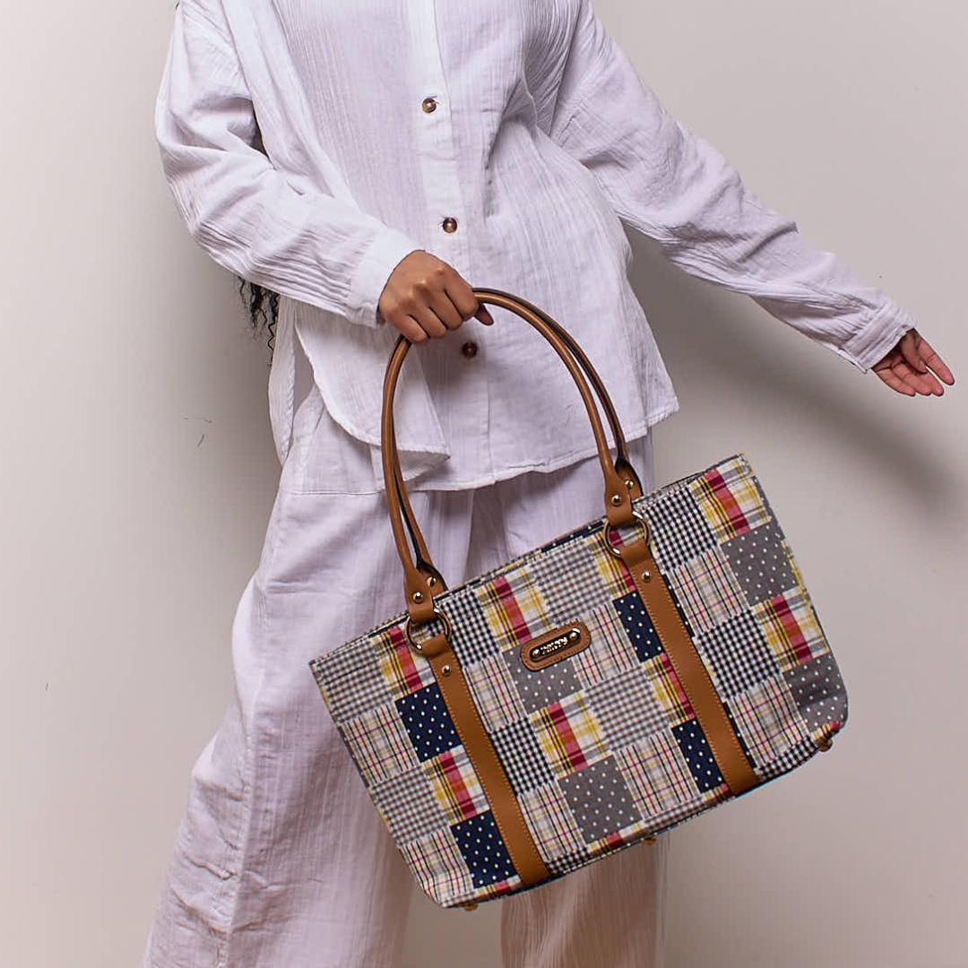 Large Tote - Navy Plaid Patchwork