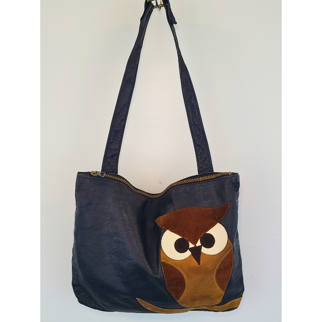 Vintage 1970s Davey's Leather Owl Tote