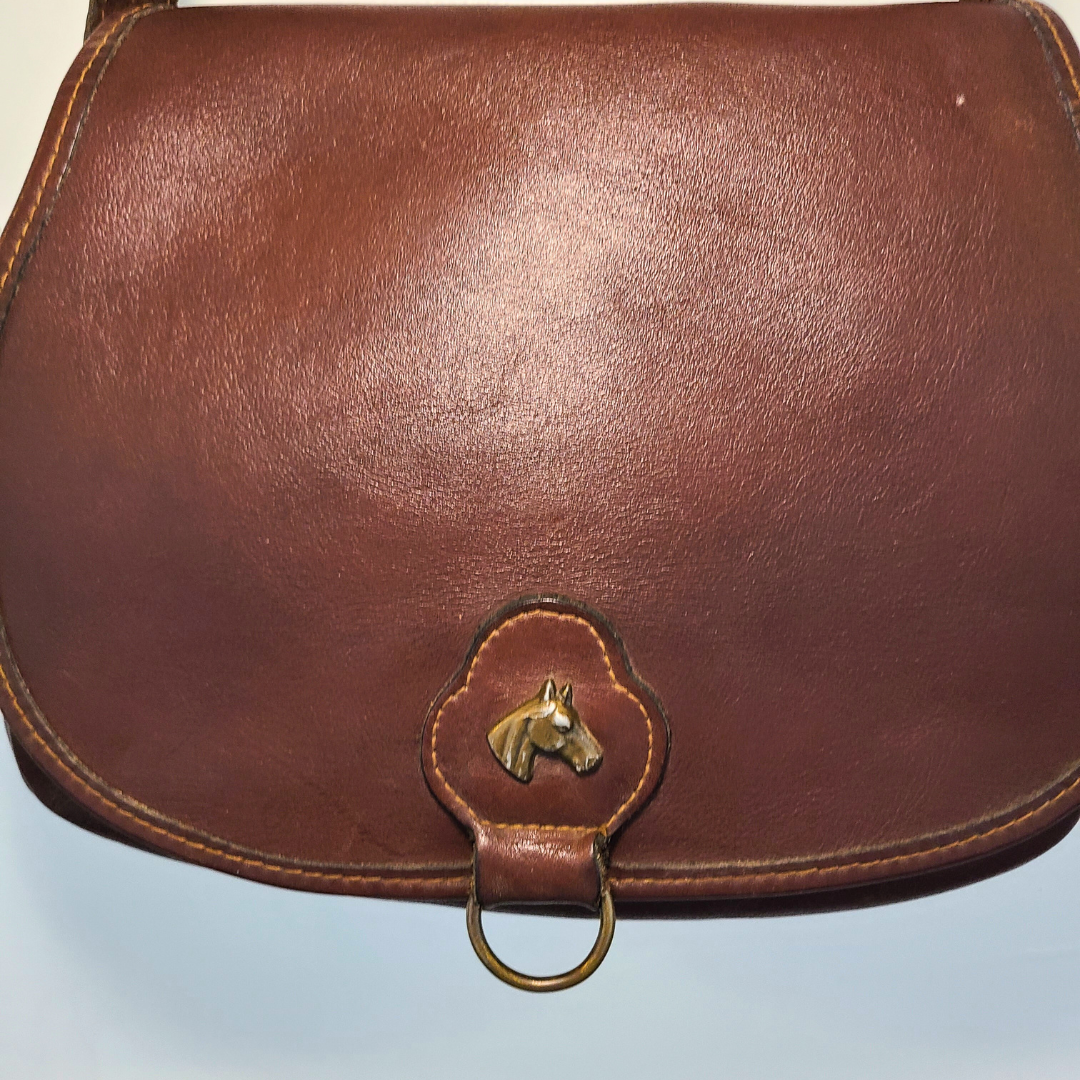 Vintage 1980s Leather Shoulder Bag With Horse Emblem