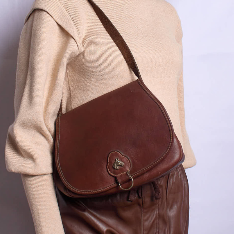 Vintage 1980s Leather Shoulder Bag With Horse Emblem