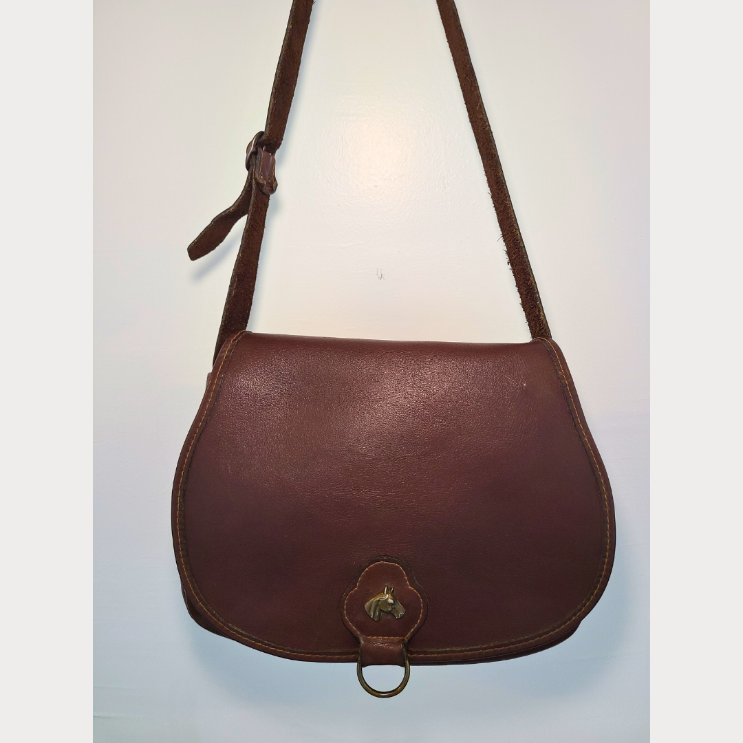 Vintage 1980s Leather Shoulder Bag With Horse Emblem