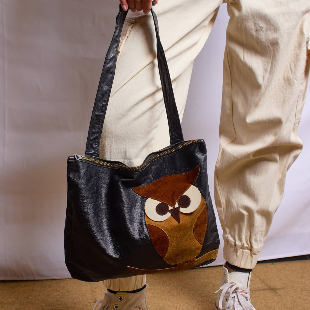 Vintage 1970s Davey's Leather Owl Tote