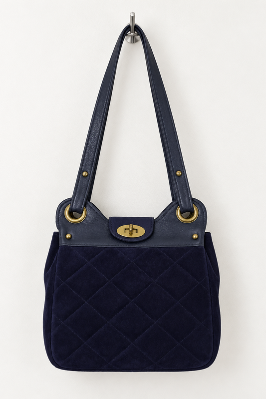 A navy blue quilted suede shoulder bag with dark blue leather straps and gold-tone hardware, hanging from a metal hook against a plain white wall.